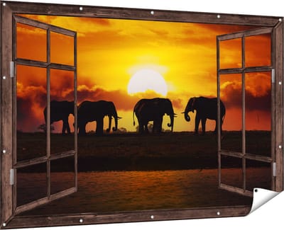 Gards Tuinposter Doorkijk Silhouet Olifanten tijdens Zonsondergang - 180x120 cm - Tuindoek - Tuindecoratie - Wanddecoratie buiten - Tuinschilderij
