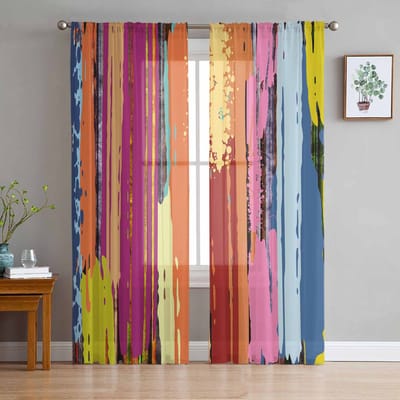 Kleurrijke Abstracte Modernistische Olieverf Stijl Transparante Gordijnen voor Woonkamer Decoratie Raamgordijnen Keuken Tule Voile Gordijnen W135 x H137cm x1