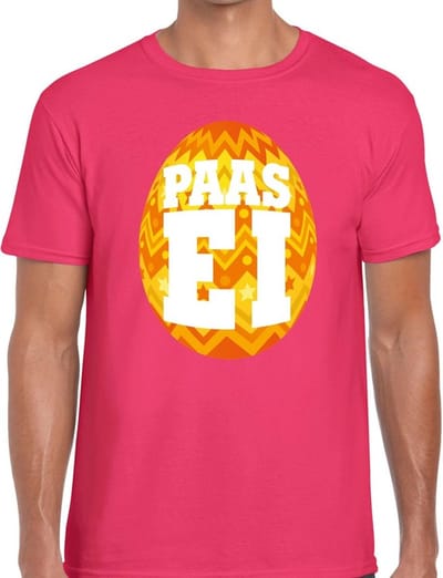 Roze Paas t-shirt met oranje paasei - Pasen shirt voor heren - Pasen kleding S