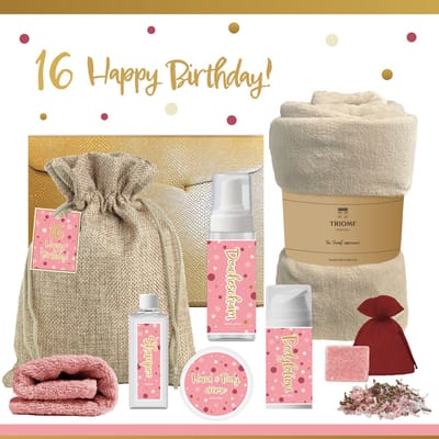 Geschenkset “16 Happy Birthday!” - 8 producten - 1210 gram - Triomf Cosmetica | Luxe Cadeaubox voor haar Wellness Pakket Meisje Giftset Party Cadeaupakket Zestien Jarige Verjaardag Gefeliciteerd Cadeau Speciaal Feestje Gift Set Oud Roze Beige