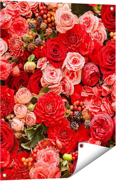 Gards Tuinposter Rode en Roze Bloemen met Fruit - Abstract - 60x80 cm - Tuindoek - Tuindecoratie - Wanddecoratie buiten - Tuinschilderij