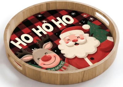 Dienblad rond 40x40 cm - Schootdienblad hout - Kerstman - Rendier - Tekst - Rood - Zwart - Borrelplank rechthoek - Plateau houten dienbladen