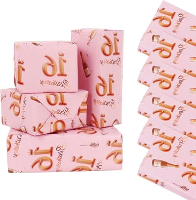 Verjaardagswikkelpapier voor 16e verjaardag, 5 vellen 70 x 50 cm, Roze Goud, Feestelijke Decoraties, Cadeaupapier voor Meisjes en Vrouwen, Duurzaam en Recyclebaar