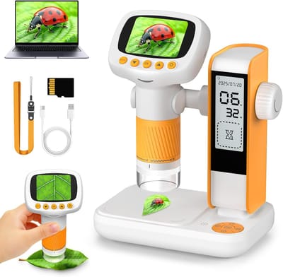 Microscoop - Kinder microscoop - 2-in-1 microscoop voor kinderen - Met studieklok - Met statief - Vergroting van 1000x - 2-inch IPS-scherm - PC-USB-poort - 8 dimbare led's - Geschikt voor kinderen vanaf 5 jaar - geel