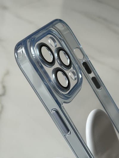 Anti-Yellow TPU/PC Hoesje - Geschikt voor iPhone 14 Pro - Met Cameralens Glas Bescherming – Transparant/Blauw – 2.5mm Dikte