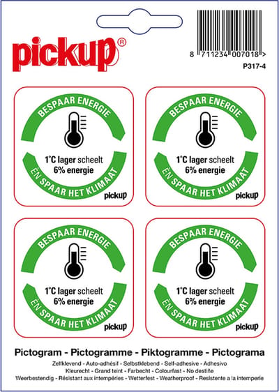 Pickup sticker Bespaar Energie spaar het klimaat: Thermostaat omlaag- 5x5 cm 4 stuks