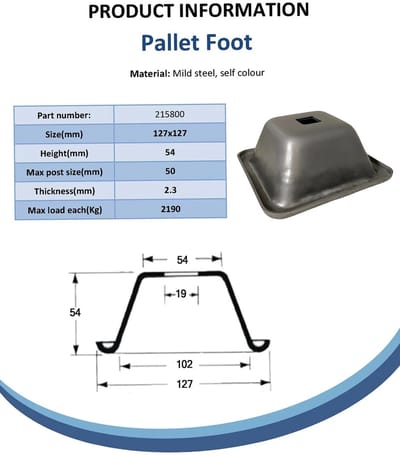 Palletvoeten van zacht staal, 127 mm x 127 mm x 54 mm hoog, draagvermogen 2190 kg per voet (set van 4)
