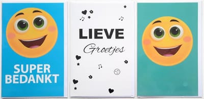 3 Wenskaarten - Super Bedankt + Lieve Groetjes + Blanco Kaart Smiley - 12 x 17 cm – BED-302