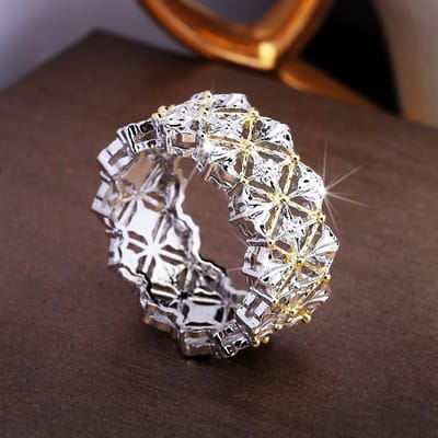 Bague Rétro Diamant Creux Bague Ligne Bicolore Bijoux Haut de Gamme pour Dames Bague de Fiançailles Alliances Or Bagues de Mariage pour Couple 10 white