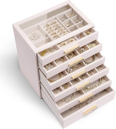 Grote Sieradendoos met 6 Niveaus en Glazen Deksel - Modern Roze Sieradenorganizer
