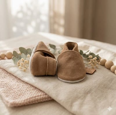 Stabifoot Babyslofjes – Zacht Leer – Cadeaudoos - Linnen zakje - Barefoot - TAUPE 6 - 12