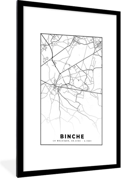 Fotolijst incl. Poster Zwart Wit- Plattegrond – Binche – Zwart Wit – Stadskaart - Kaart - België - 60x90 cm - Posterlijst