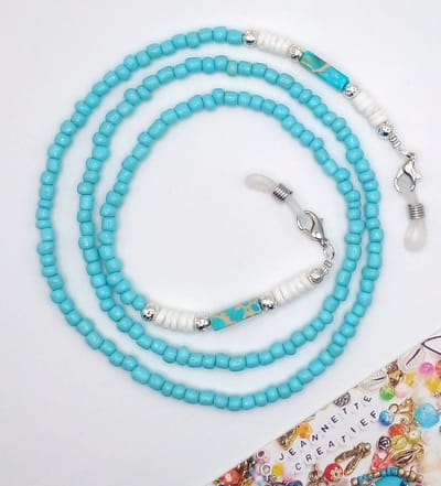 Jeannette-Creatief® - Beach - Zonnebrilkoord Turquoise - Turquoise Zonnebrilkoord - Jaspis Tube Turquoise - Zonnebrilkoord Natuursteen - Zonnebrilkoord Zilver - Zonnebrilkoord kralen - Schelpen - Zonnebrilkoord Schelpen - Zonnebrillen - Zonnebril