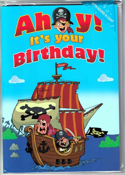 wenskaart - muziekkaart - extra grote geluid en licht kaart - kaart licht en geluid - kinderkaart - piraten - pirates - wenskaart kind - felicitatie kind - engels kind