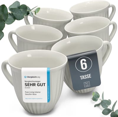 Pure Living Hygge Koffiemokken - Beige - 6 Stuks - Krasbestendig Aardewerk - Magnetron & Vaatwasserbestendig - Met Ribbelstructuur