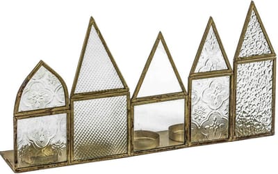 Metalen waxinestandaard rij huisjes metaal met glas