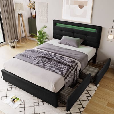 KOMHTOM Eenpersoonsbed 90x200cm Bed met laden In hoogte verstelbaar met LED-verlichting en 2 laden Zwart