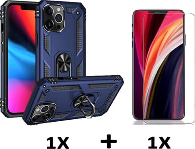 HB Hoesje Geschikt voor Apple iPhone 13 Pro - Blauw / Glazen Screenprotector - Anti-Shock Hybrid Armor Back Cover - Hoes met Kickstand Ring