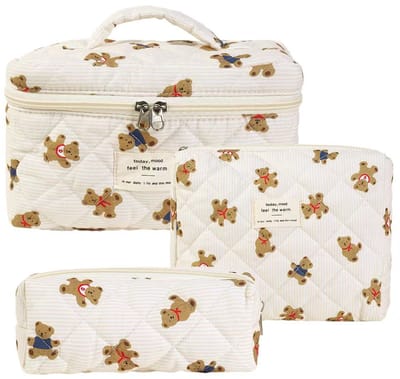 Set van 3 Make-up Tasjes Gewatteerd Bloemen Katoen – Grote Capaciteit Esthetische Cosmetische Tas & Toilettas voor Vrouwen – Reistas Organizer met Ritssluiting -Blauwe teddybeer, 3-delige set [groot + middel + klein]