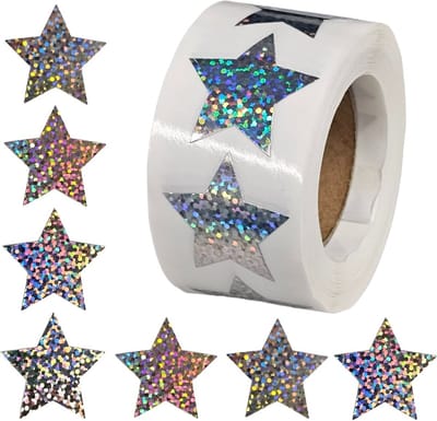 500 Stickers Op Rol - 2.5cm - Ster Zilver Glitter - Beloningsstickers - Stickers Kinderen - Sluitsticker - Sluitzegel - 25mm - 500 Stuks