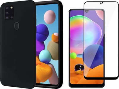 Hoesje geschikt voor Samsung Galaxy A21s - Liquid Siliconen Case Zwart + Screen Protector Full