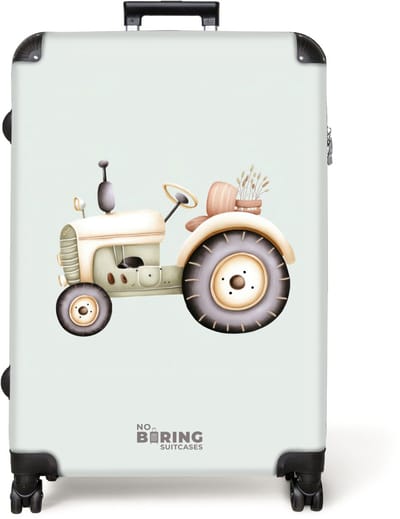 NoBoringSuitcases.com® - Koffer groot - Reiskoffer lichtgewicht - Beige vintage tractor in pastel groene kleuren - Rolkoffer met 4 wielen - Grote trolley XL - 98 liter bagage