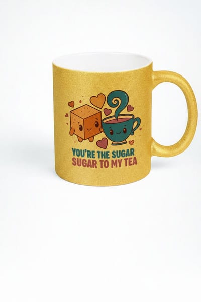 Gouden Glitter Mok met Liefdevolle 'You're the Sugar to My Tea' Tekst | Romantisch Cadeau
