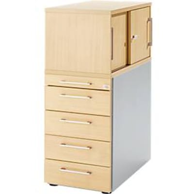 Schäfer Shop Genius Hoog ladeblok met opzetkast met schuifdeuren, afsluitbaar, B 435 x D 800 x H 1092 mm, met vierkante handgreep, ahorndecor/blank aluminium