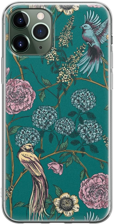Hoesje geschikt voor iPhone 11 Pro Max - Vogels Japanse bloemen - Soft Case - TPU - Bloemen - Blauw - Mooie Telefoonhoesjes