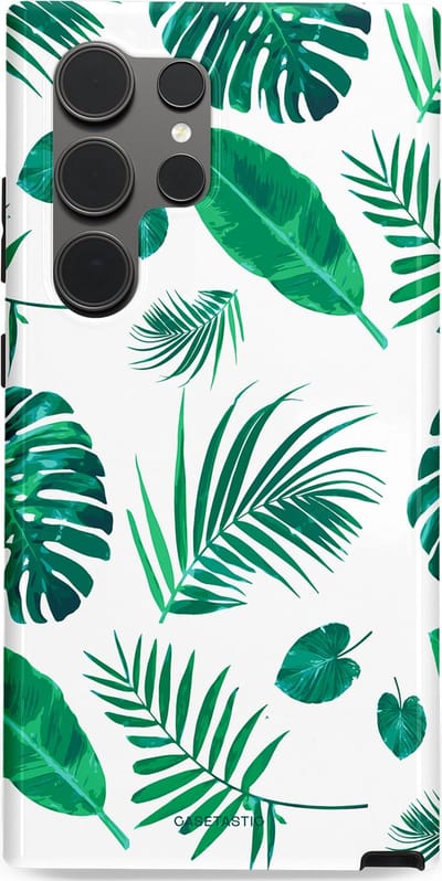Casetastic Hoesje Geschikt voor Samsung S24 Ultra - Stijlvolle Beschermende Duo-layer Case - Groene Witte Jungle Bladeren Print