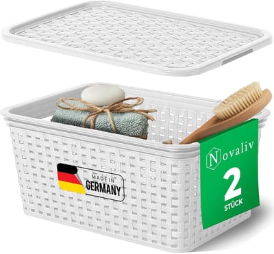 Novaliv set van 2 elegante opbergmanden met deksel in rotanlook | Wit voedselveilig plastic 5L? Ideaal voor het opbergen van kleding en in de badkamer. Opbergbox badkamermand.