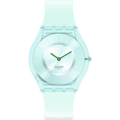 Swatch Skin Serie Kwarts Uurwerk Mintgroene Kleurblok Trendy Ultra Dunne Horloge 34mm Groen Wijzerplaat Milieuvriendelijk Materiaal Kast Siliconen Band SS08G100 Green white