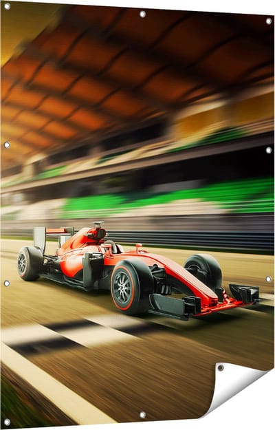Gards Tuinposter Formule 1 Auto bij de Finish in het Rood - 90x120 cm - Tuindoek - Tuindecoratie - Wanddecoratie buiten - Tuinschilderij