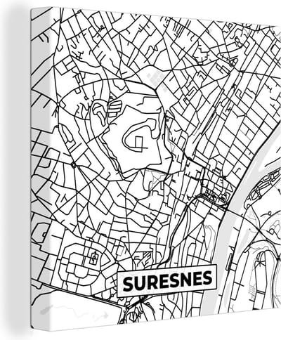 Canvas Schilderij Frankrijk – Plattegrond – Stadskaart – Suresnes - Kaart - Zwart wit - 20x20 cm - Wanddecoratie