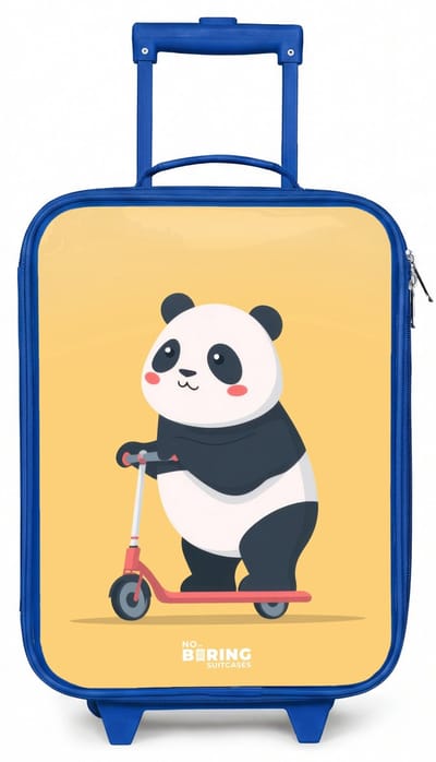 NoBoringSuitcases.com® - Kinderkoffer blauw - Kindertrolley jongen - Panda - Step - Geel - Koffer kind lichtgewicht - Reiskoffer trolley voor kinderen - Koffertje met lichtgevende wieltjes - Rolkoffer