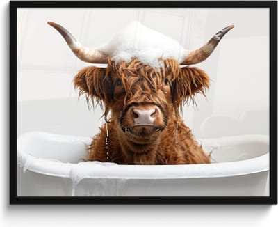 Poster in lijst - Fotolijst 80x60 cm - Posters - Schotse Hooglander - Bad - Koe - Dieren - Schuim - Posterlijst zwart - Wanddecoratie badkamer - Muurdecoratie WC - Decoratieve accessoires - Toilet muur decoratie