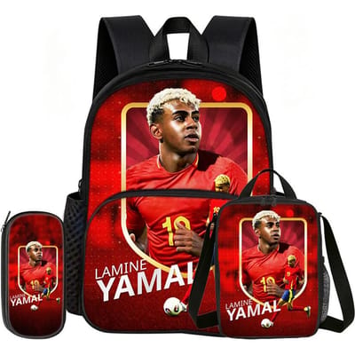 Leer, Reis Voetbalster Schooltas L-Lamin Yamal 3 Delige set met Voorvak Rugzak Lunchtas, Etui, Sport Rugzak