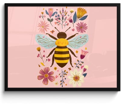 Poster in lijst - Fotolijst 80x60 cm - Posters - Bij - Geel - Bloemen - Kleurrijk - Posterlijst zwart - Decoratie - Wanddecoratie woonkamer - Muurdecoratie slaapkamer