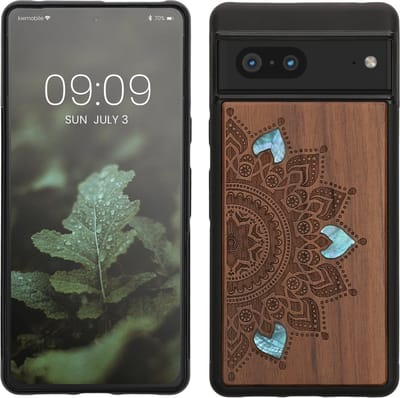kwmobile telefoonhoesje geschikt voorGoogle Pixel 7 - Hoesje met bumper - hout - In donkerbruin Parelmoer mandala design