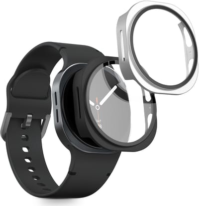 kwmobile 2x cover geschikt voor Samsung Galaxy Watch 8 (40mm) - Fitnesstracker cover van gehard glas en kunststof frame set zwart / zilver