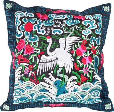Fine Asianliving Chinese Kussen Volledig Geborduurd Blauw Zwart Kraanvogel 45x45cm