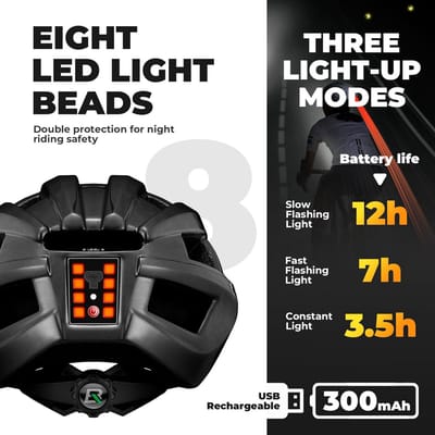 ROCKBROS Adult Cycling Helmet with 3 Modes LED Light Removable for Men and Women Breathable Road Bike MTB Adjustable 55-60 cm