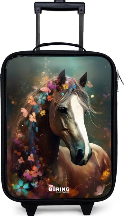 NoBoringSuitcases.com® - Kinderkoffer jongen - Kindertrolley meisje - Lichtbruin paard tussen de bloemen - Koffer kind lichtgewicht - Reiskoffer trolley voor kinderen - Koffertje met lichtgevende wieltjes - Rolkoffer zwart