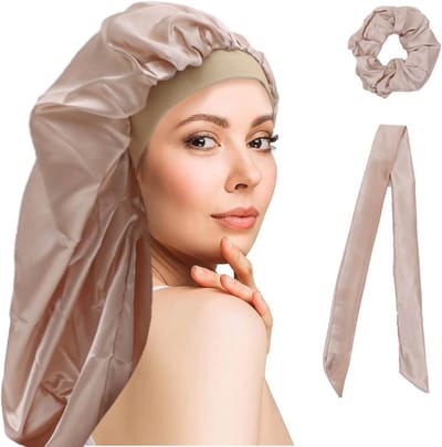 Zijdeachtige Haarbedekking voor Slaap, Satijnen Slaapcap met Brede Elastische Band, Comfortabele Hoofdbedekking voor Vrouwen en Meisjes met Krullend Haar, Champagnekleur