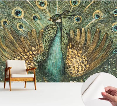 Wallfluent Zelfklevend Behang - Majestueuze pauw Zelfklevend fotobehang - 312x250 cm - Groente Zelfklevend Behang - Peel-and-stick techniek - Voor de woonkamer, slaapkamer en kantoor Zelfklevend Behang