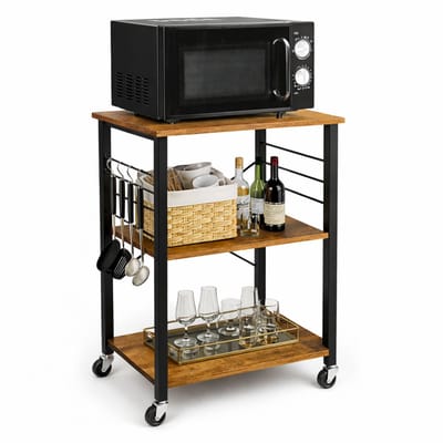 Luxaliving keukenkast Keukentrolley op Wieltjes – 3 Niveaus – Industrieel Keukenrek met Houten Planken – Magnetron Rek – Keukenkastje – Serveerwagen – Bruin/Zwart – 60 x 40 x 89 cm