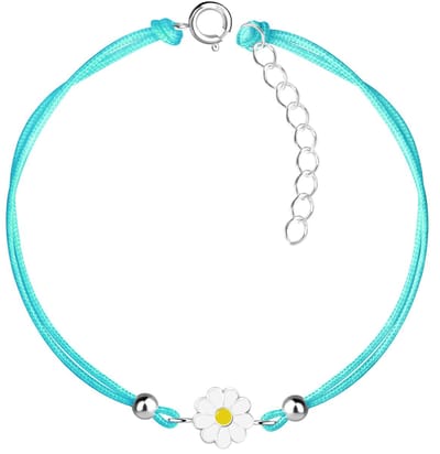 Joy|S - Zilveren madelief bloem bedel armband - bloemetje bedel sterling zilver 925 - turquoise blauw koord - th39