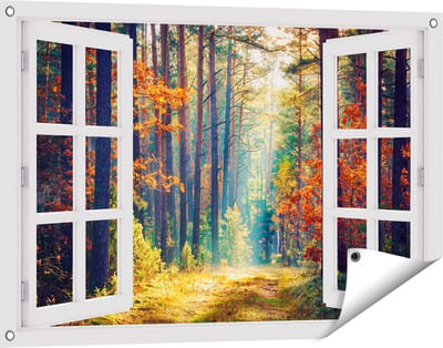 Gards Tuinposter Doorkijk Herfstbos met Zonneschijn - Kleur - 90x60 cm - Tuindoek - Tuindecoratie - Wanddecoratie buiten - Tuinschilderij