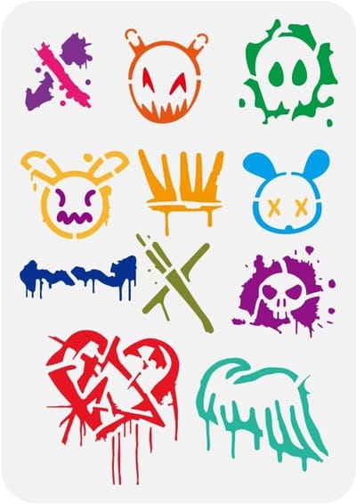 Herbruikbare sjablonen voor graffiti patronen 21x29.7cm met schedels, harten, vleugels en pijlen voor creatieve knutselprojecten