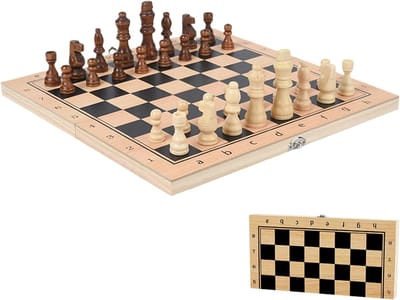 Schaakbord Houten - Strategisch Spel - Familie Vermaak - 3 In 1 Opvouwbaar - 35 x 34 cm - Naturel